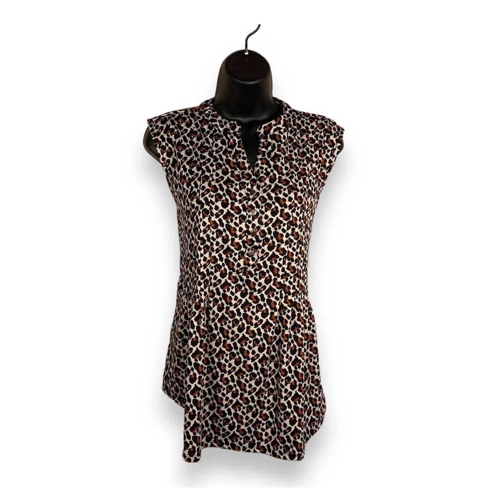 MEDIUM KIM ROGERS LEOPARD PRINT BLOUSE SLEEVELESS STRETCH BEIGE BROWN ANIMAL